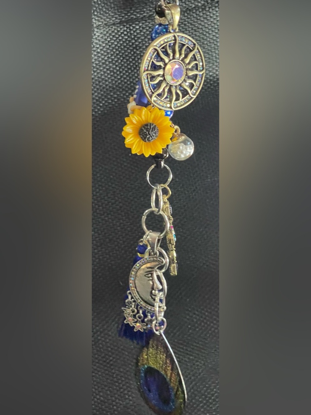 Boho Sun & Moon Charm Keychain with Yellow Sunflower